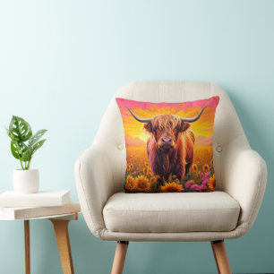 Highland Cow in Sunflowers at Sunrise Throw Pillow