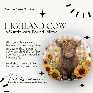 Highland Cow in Sunflowers Round Pillow