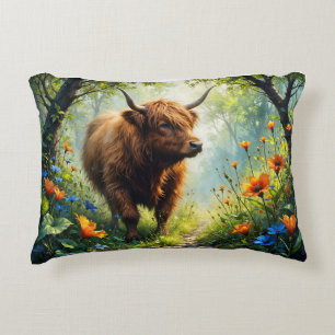 Highland Cow in the wood with wildflowers Accent Pillow