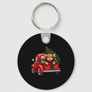 Highland Cow In Truck Farm Farmer Christmas Cow Ca Keychain