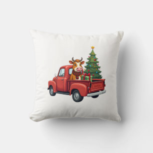 Highland Cow in Truck Farm Farmer Christmas Cow Ca Throw Pillow