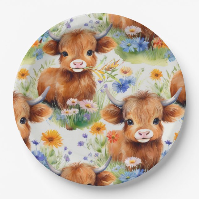 Highland Cow in Wild Flowers Paper Plate (Front)
