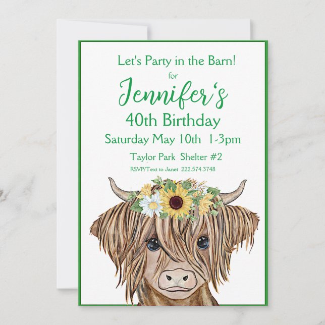 Highland Cow Invitation, Sunflowers Cow Birthday Invitation (Front)