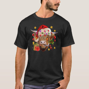 Highland Cow Joy Santa Hat Christmas Lights Wester T-Shirt