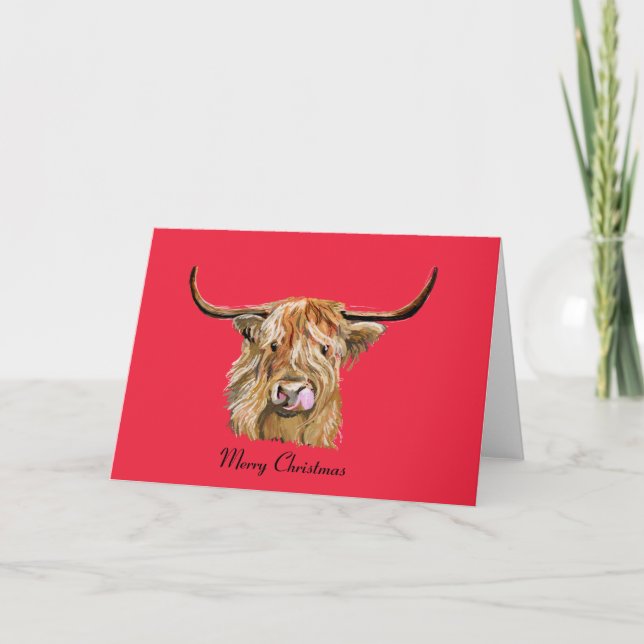 Highland Cow Longhorn Merry Christmas  Holiday Card (Front)