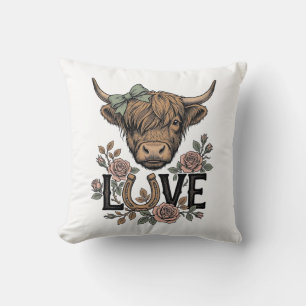 Highland Cow Love Vintage Floral Horseshoe Art Throw Pillow