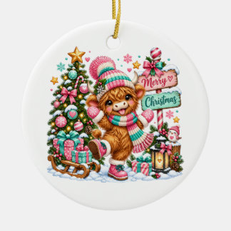 Highland Cow Merry Christmas Ceramic Ornament