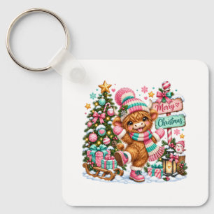 Highland Cow Merry Christmas Keychain