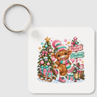 Highland Cow Merry Christmas Keychain