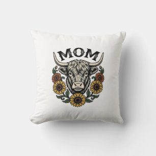 Highland Cow Mom Vintage Sunflower Western Design Throw Pillow