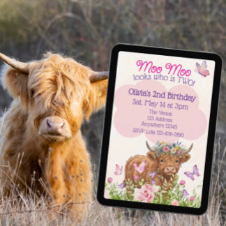 Highland Cow Moo Moo Two 2nd Birthday Invitation