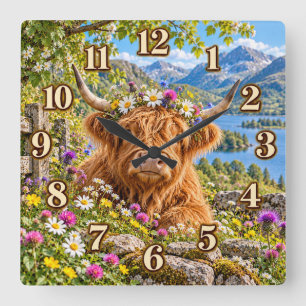 Highland Cow Mountain Lake Clock