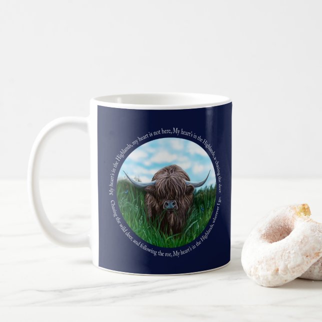 Highland Cow, My Heart's In The Highlands Coffee Mug (With Donut)