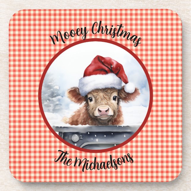 Highland Cow n Santa Hat Gingham Mooey Christmas Coaster (Front)