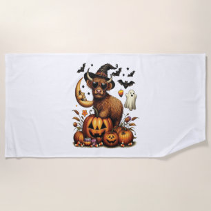 Highland Cow on Pumpkin Halloween Beach Towel