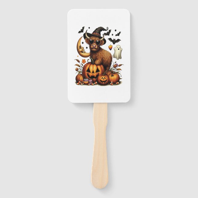 Highland Cow on Pumpkin Halloween Hand Fan (Front)
