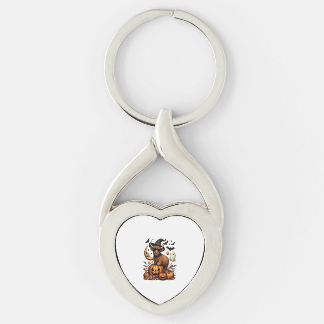 Highland Cow on Pumpkin Halloween Keychain (Front)