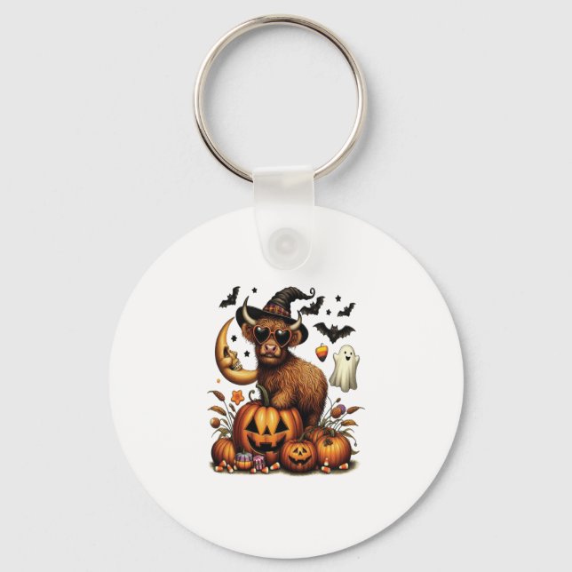 Highland Cow on Pumpkin Halloween Keychain (Front)