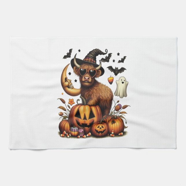 Highland Cow on Pumpkin Halloween Kitchen Towel (Horizontal)