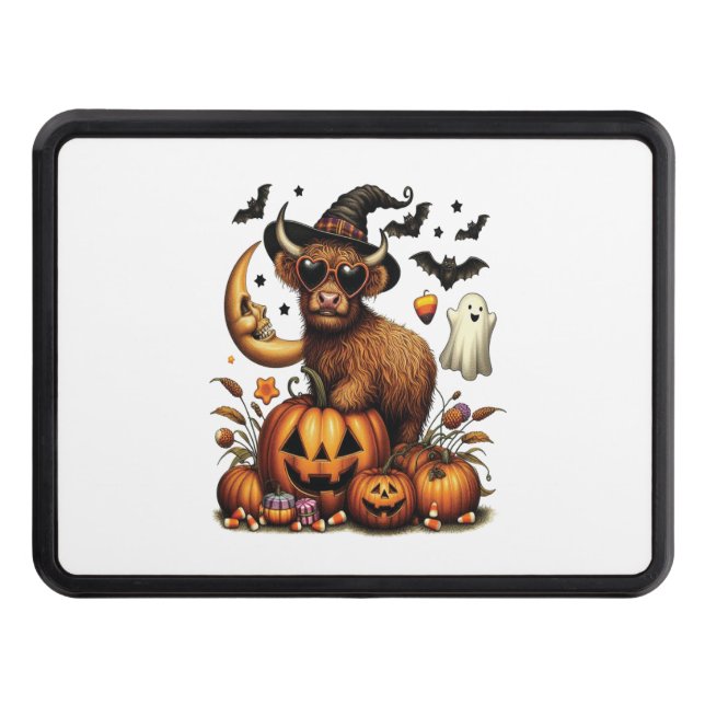 Highland Cow on Pumpkin Halloween Trailer Hitch Cover (Front)