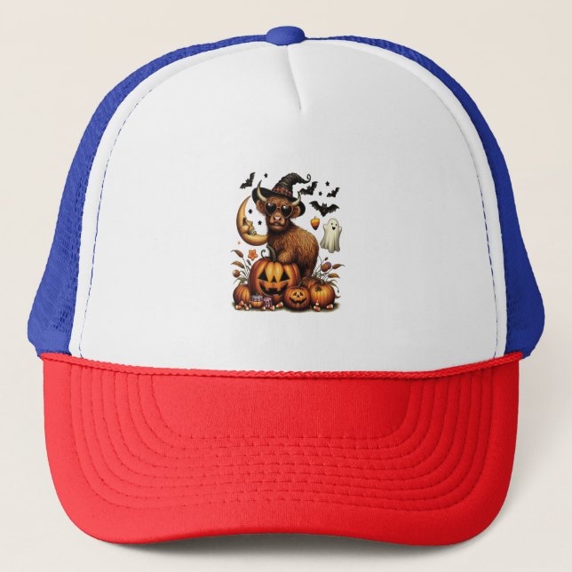 Highland Cow on Pumpkin Halloween Trucker Hat (Front)