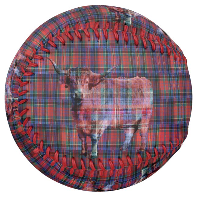 Highland Cow On Red Blue Checked Tartan, Softball (Front Left)