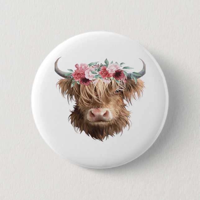 Highland Cow Painting Classic T-Shirt 2 Inch Round Button (Front)