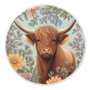 Highland Cow Pastel William Morris Inspired Floral Ceramic Knob