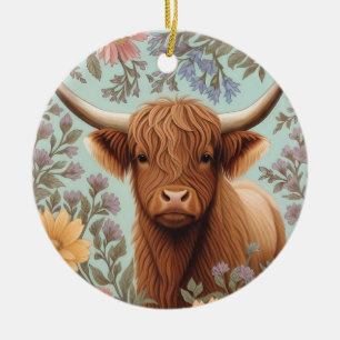 Highland Cow Pastel William Morris Inspired Floral Ceramic Ornament
