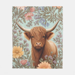 Highland Cow Pastel William Morris Inspired Floral Fleece Blanket
