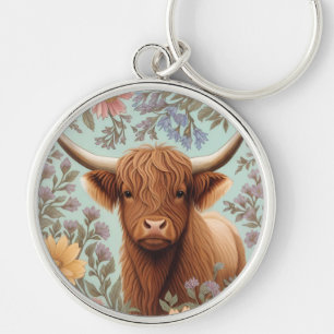 Highland Cow Pastel William Morris Inspired Floral Keychain