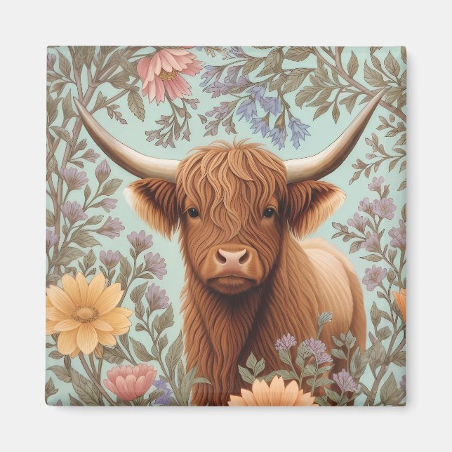 Highland Cow Pastel William Morris Inspired Floral Magnet (Front)
