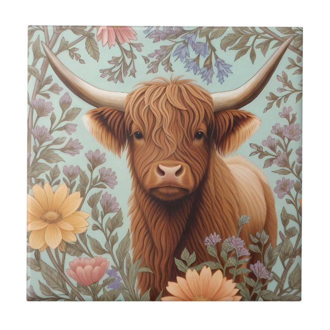 Highland Cow Pastel William Morris Inspired Floral Tile (Front)