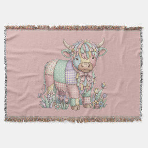 Highland Cow Patchwork Pastel Floral Woven Throw Blanket
