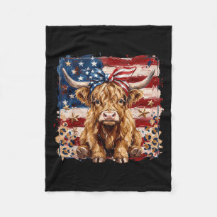 Highland Cow Patriotic Aamerican Flag Western Farm Fleece Blanket
