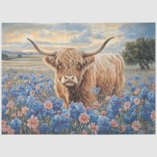 Highland Cow Pink and Blue Wildflowers Decoupage Tissue Paper