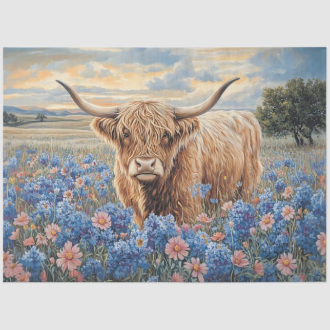 Highland Cow Pink and Blue Wildflowers Decoupage Tissue Paper (Front)