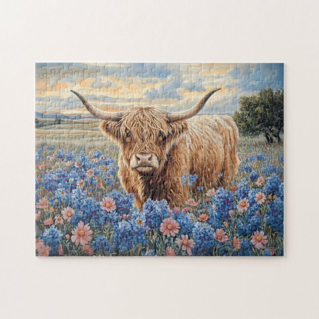 Highland Cow Pink and Blue Wildflowers Jigsaw Puzzle (Horizontal)