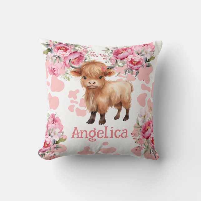 Highland Cow Pink Boho Kids Throw Pillow (Front)