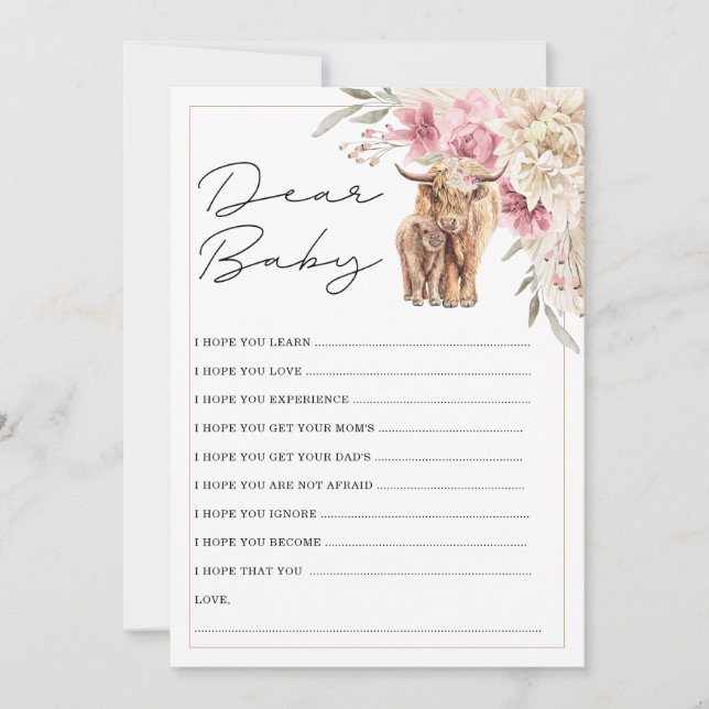 Highland Cow Pink Floral Baby Shower Wish Card (Front)