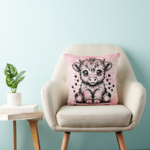 Highland Cow Pink Hearts Throw Pillow