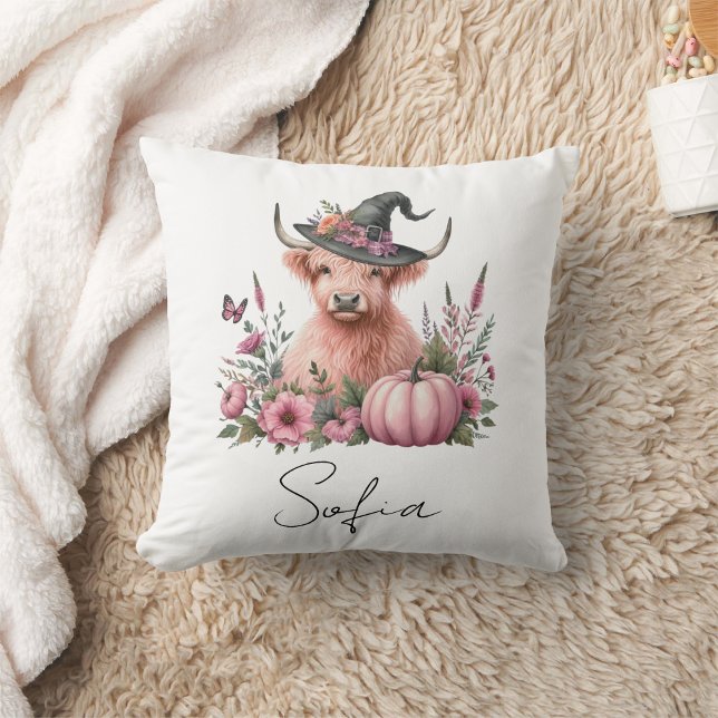 highland cow pink pumpkin flowers Throw Pillow (Creator Uploaded)