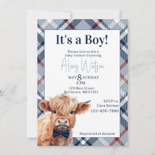 Highland cow plaid baby shower invitation 