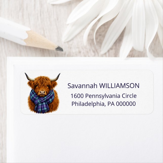 Highland Cow Plaid Scarf Return Address Label (Insitu)