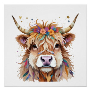 Highland Cow Playful Adorable Fun Animal Colourful Poster