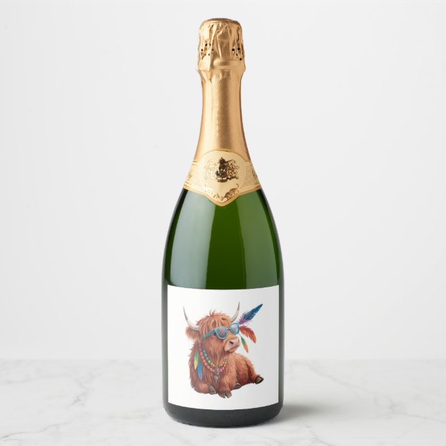 Highland Cow Png, Cool Cow Png, Sunglass Sparkling Wine Label (Front)