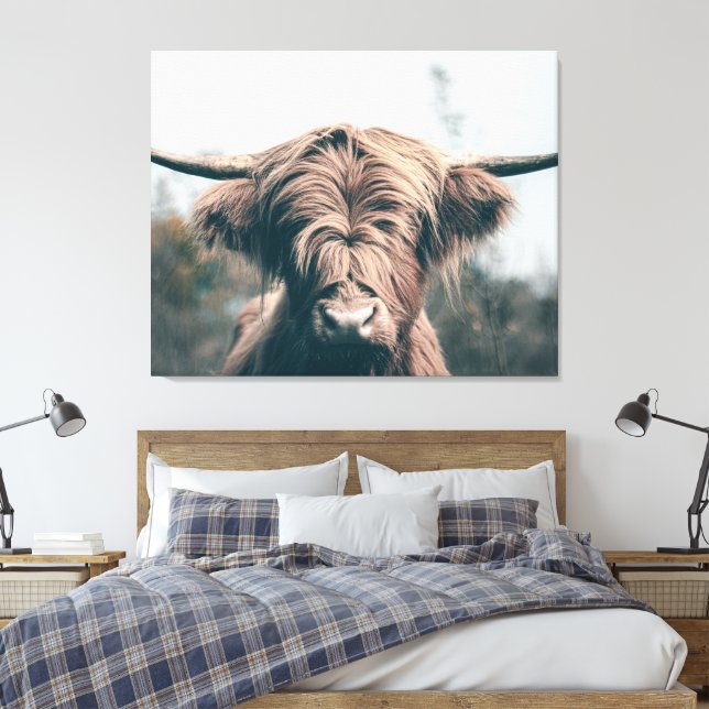 Highland cow portrait canvas print (Insitu(Bedroom))