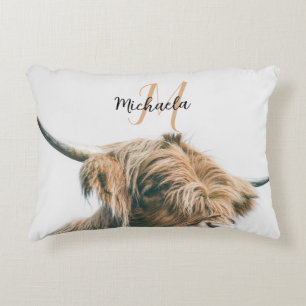 Highland cow portrait custom name initial monogram accent pillow