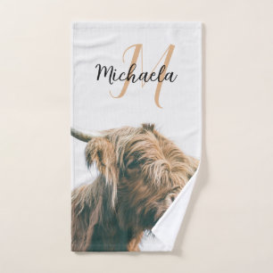Highland cow portrait custom name initial monogram bath towel set