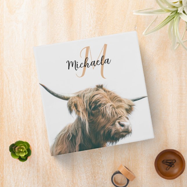 Highland cow portrait custom name initial monogram binder (In Situ)